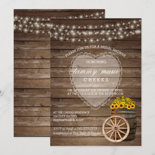 Convites Casamento Rustic Wood Barrel com Girassóis (Frente/Verso)