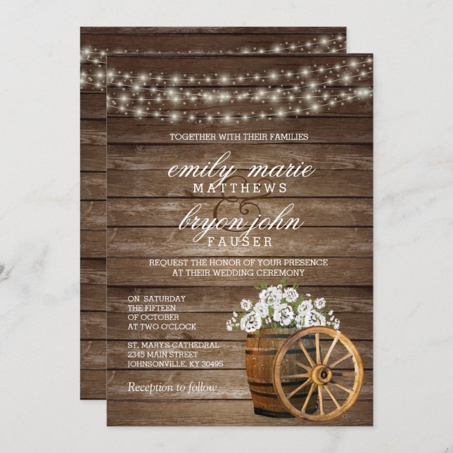 Convites Casamento Rustic Wood Barrel com White Floral (Frente/Verso)