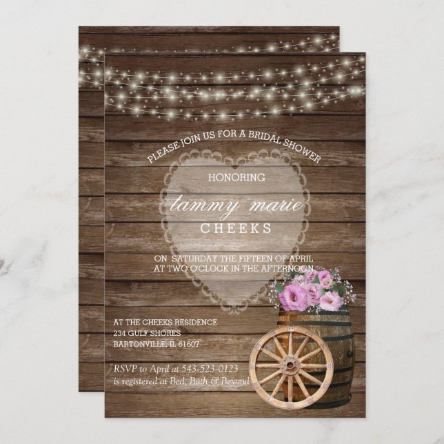 Convites Casamento Rustic Wood Barrel e Flores Rosa (Frente/Verso)