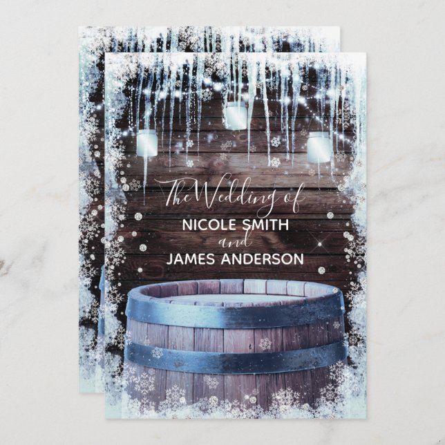 Convites Casamento Rustic Wood Barrel & Lights Winter Barn (Frente/Verso)