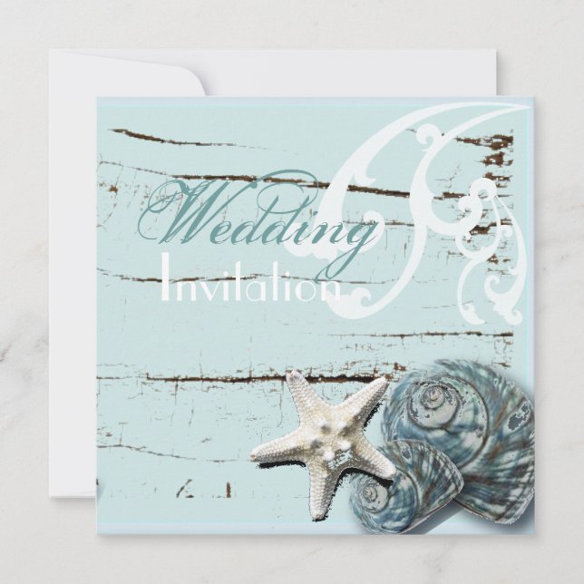 Convites Casamento Rustic Wood Blue Seashell Coastal Beach (Frente)