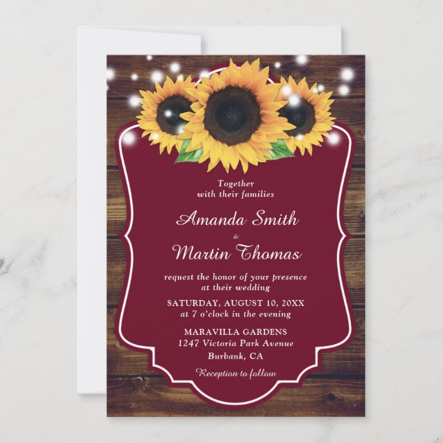 Convites Casamento Rustic Wood Burgundy Sunflower (Frente)