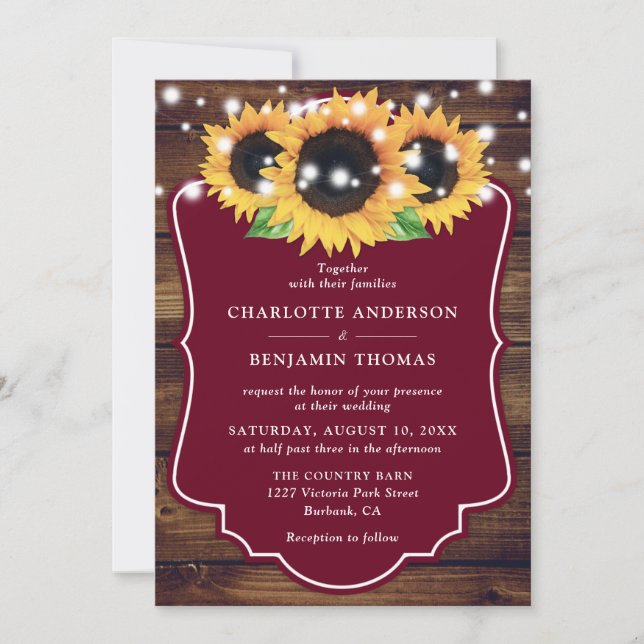 Convites Casamento Rustic Wood Burgundy Sunflower (Frente)