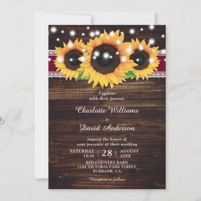 Convites Casamento Rustic Wood Burlap Sunflower Burgundy (Frente)