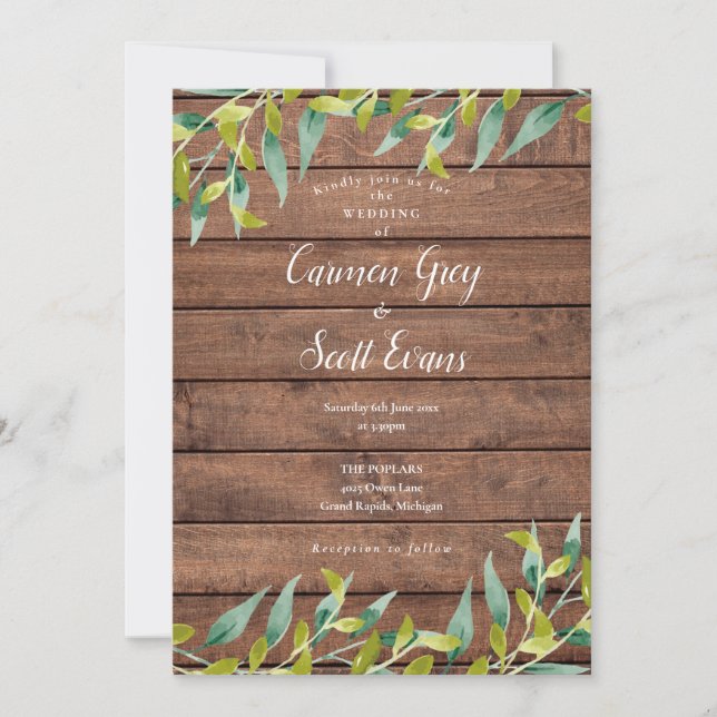 Convites Casamento Rustic Wood Eucalyptus Greenery (Frente)