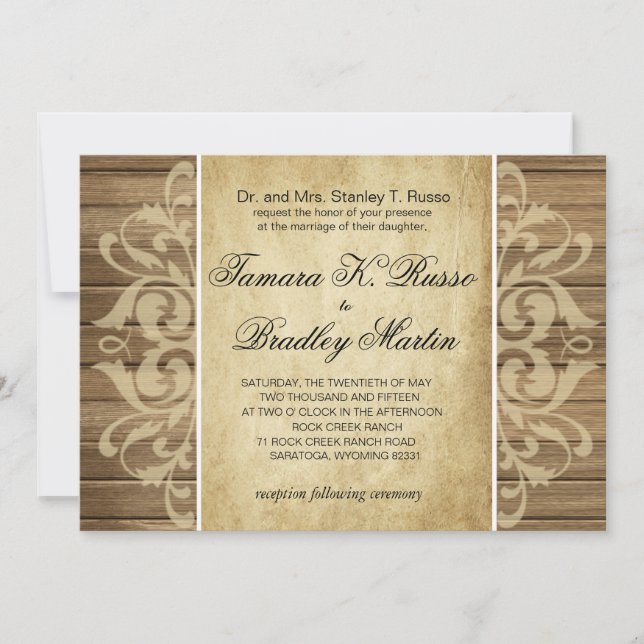 Convites Casamento Rustic Wood Filigree| bronzeado (Frente)
