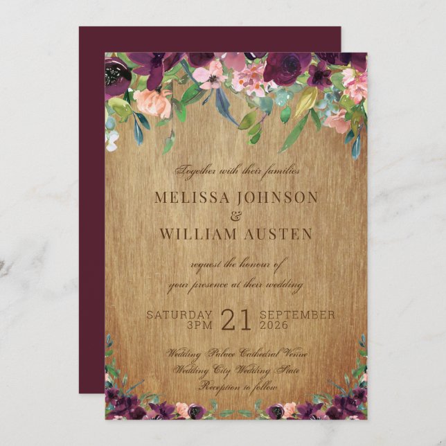 Convites Casamento Rustic Wood Floral Marsala (Frente/Verso)