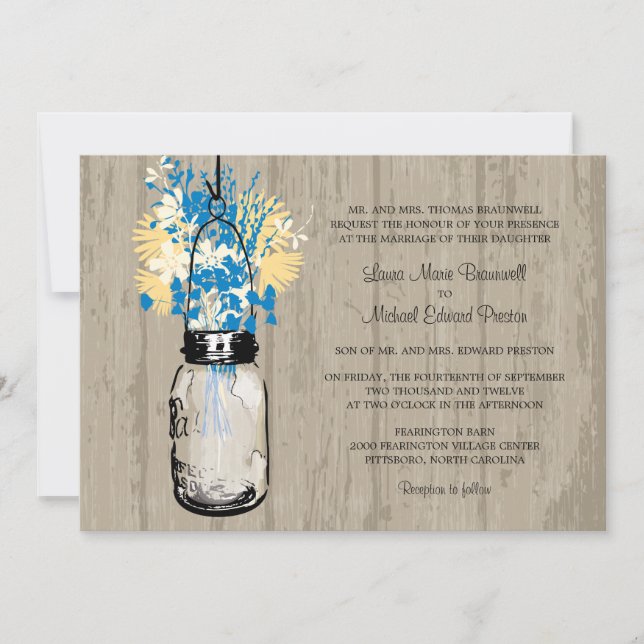 Convites Casamento Rustic Wood Mason Jar e Wildflower (Frente)
