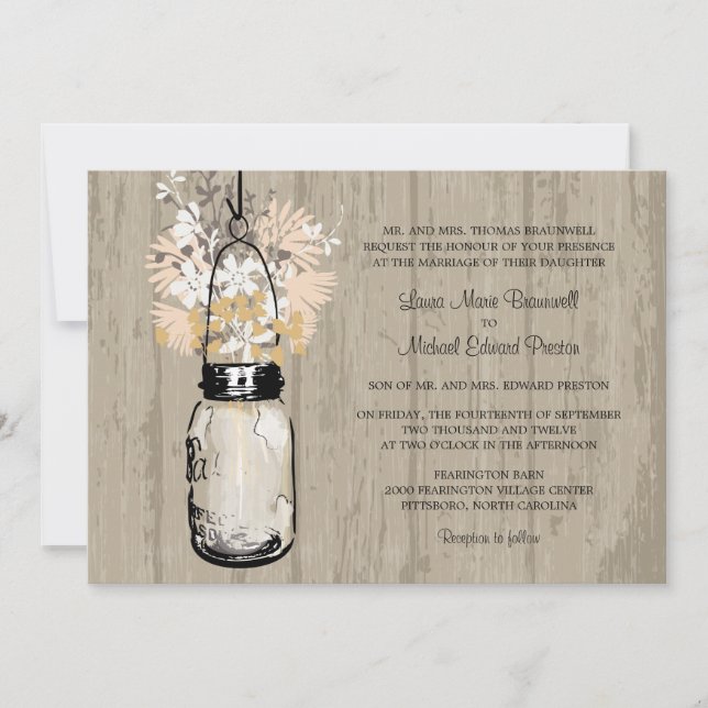 Convites Casamento Rustic Wood Mason Jar e Wildflower (Frente)