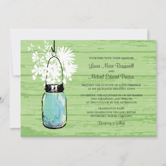 Convites Casamento Rustic Wood Mason Jar e Wildflower (Frente)