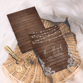 Convites Casamento Rustic Wood String Lights & Lace Script