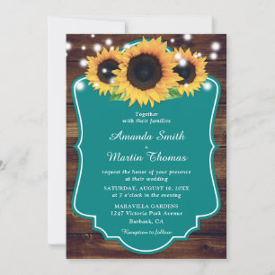 Convites Casamento Rustic Wood Teal Sunflower