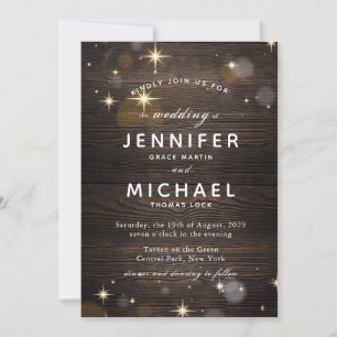 Convites Casamento Rustic Wood Twinkle & Light Noturno