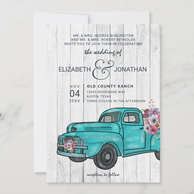 Convites Casamento Rustic Wood Vintage Teal Truck Boho (Frente)
