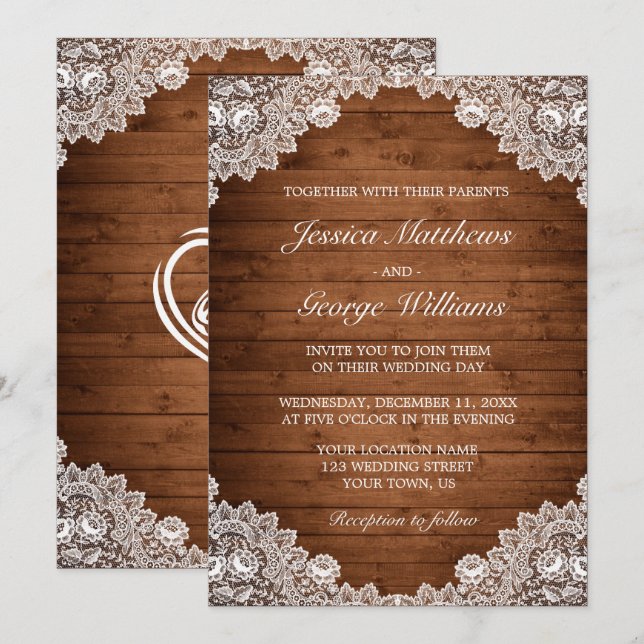 Convites Casamento Rustic Wood & White Lace (Frente/Verso)