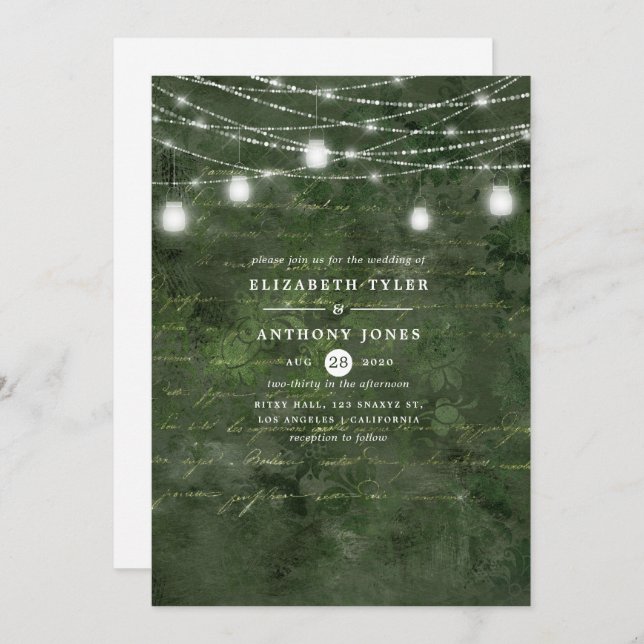 Convites Casamento Rustic Woodland Green e Dourada Calliogr (Frente/Verso)