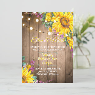 Convites Casamento Rustic Yellow e Purple Sunflower