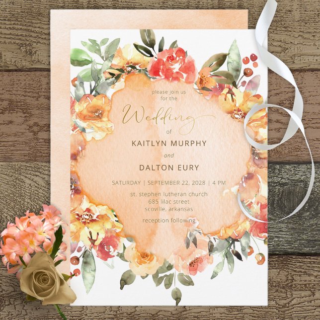 Convites Casamento Rustic Yellow Orange & Peach Rosa (Criador carregado)