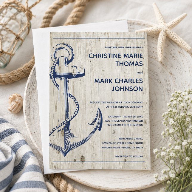 Convites Casamento Rústico Âncora Naval Desenho Marinha (Tie the knot with this navy nautical sketch anchor with rustic wood wedding invitation)