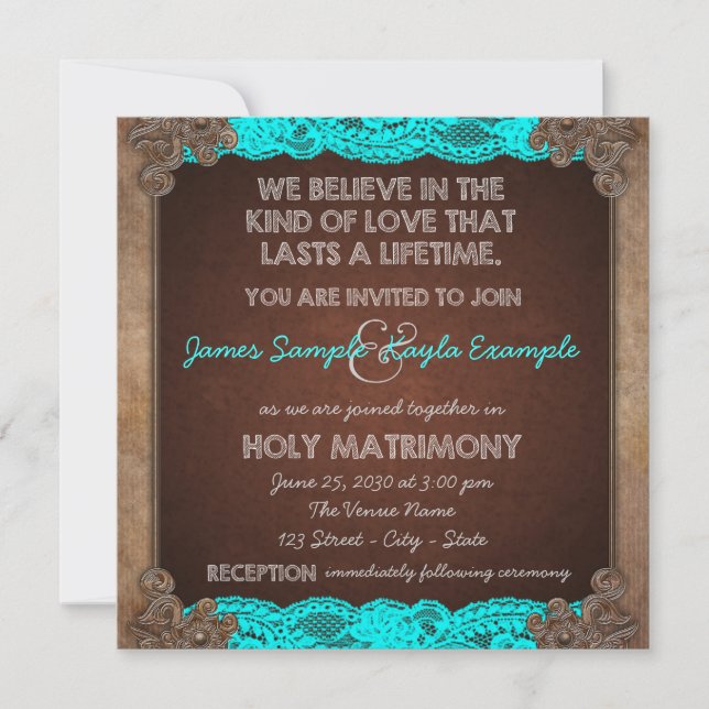Convites Casamento Rústico Antigo em Azul Teal e Marrom (Frente)