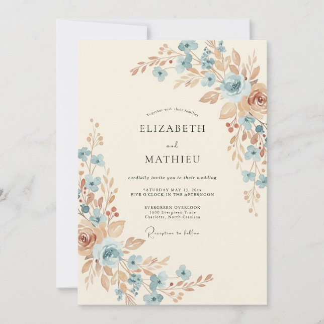 Convites Casamento Rústico Artístico Azul Empoeirado (Frente)