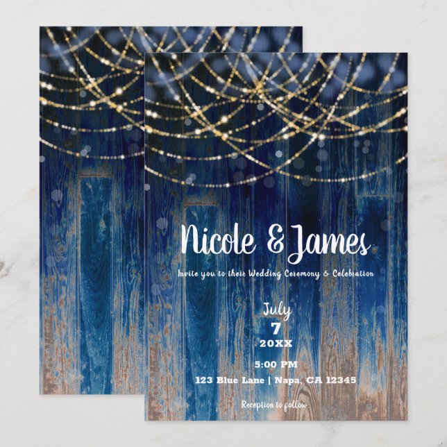 Convites Casamento Rústico Azul com Madeira de Celeiro e Lu (Frente/Verso)