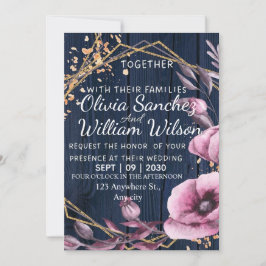 Convites Casamento Rústico Azul Marinho Dourado Rosa