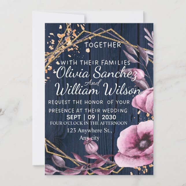 Convites Casamento Rústico Azul Marinho Dourado Rosa (Frente)