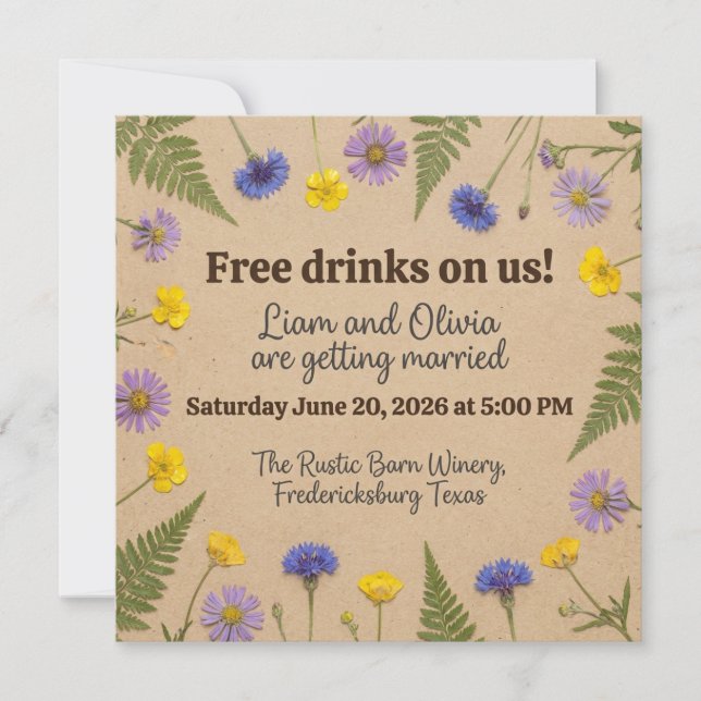 Convites Casamento Rústico - Bebidas por Nossa Conta - Liam (Frente)