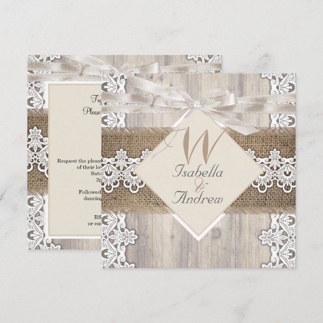 Convites Casamento Rústico Bege Branco Renda Madeira e Arpi (Frente/Verso)