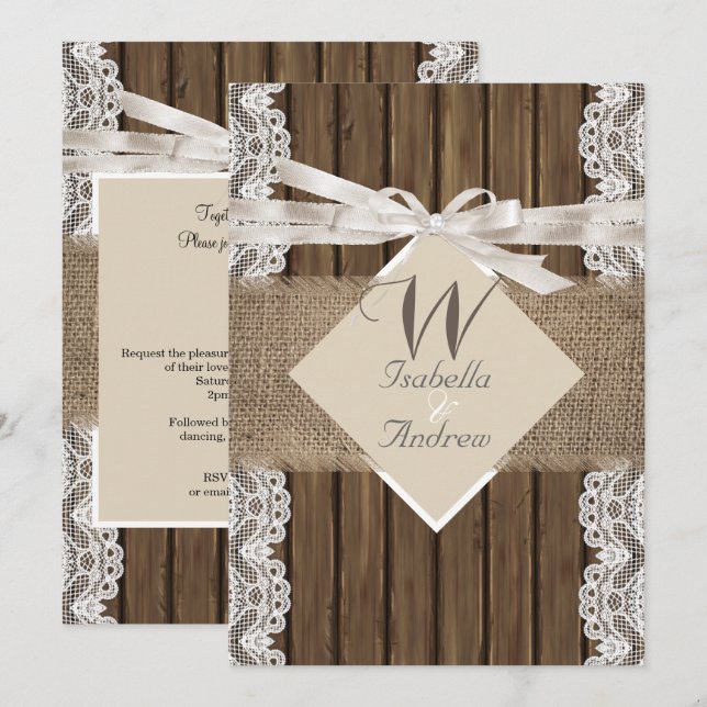 Convites Casamento Rústico Bege Branco Renda Madeira e Burl (Frente/Verso)