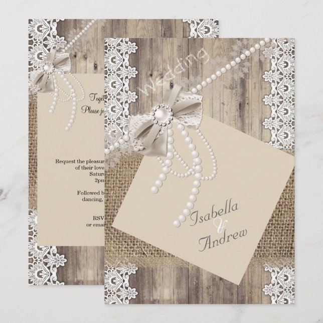 Convites Casamento Rústico Bege Pérola Renda Madeira 4 (Frente/Verso)