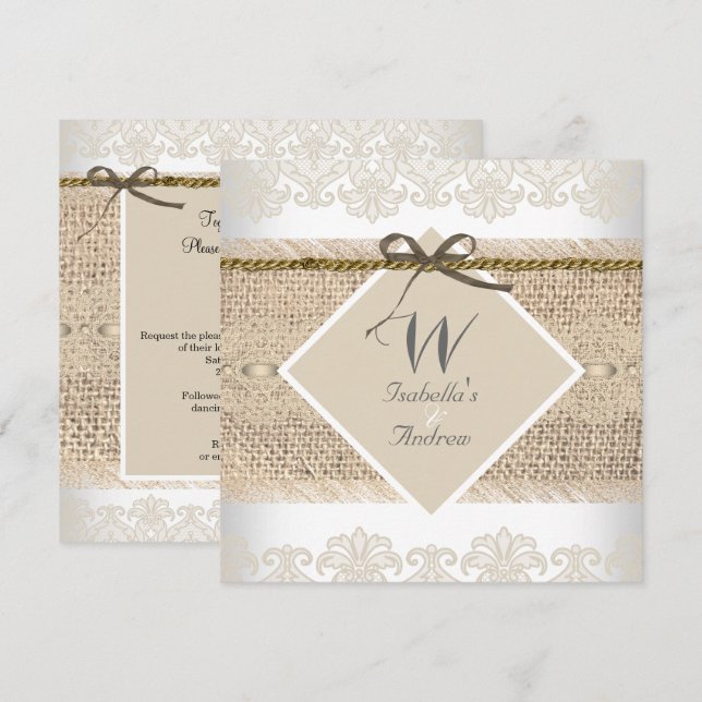 Convites Casamento Rústico Bege renda Burlap Branco (Frente/Verso)
