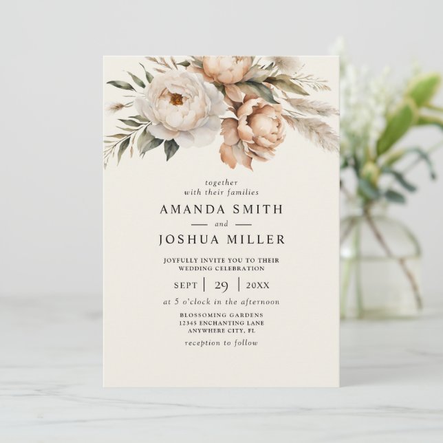 Convites Casamento Rústico Boho com Flores Secas e Grama de (Em pé/Frente)