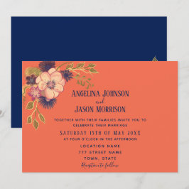 Convites Casamento Rústico Boho Floral Azul Marinho e Coral