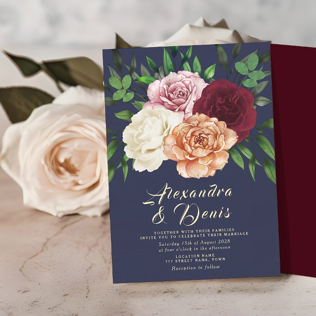 Convites Casamento Rústico Boho Floral Burgundy e Azul Mari (Criador carregado)