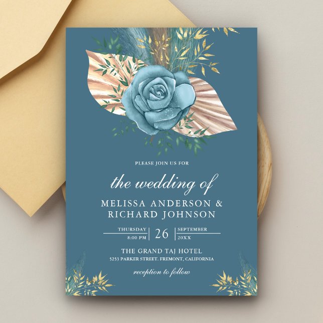Convites Casamento Rústico Boho Palma Floral Azul Poeirento (Criador carregado)