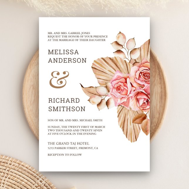 Convites Casamento Rústico Boho Palma Seca Terroso Rosa Pea (Criador carregado)