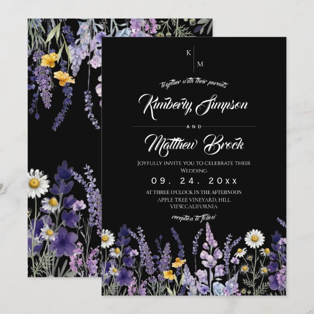Convites Casamento Rústico Boho Preto de Flor Silvestre (Frente/Verso)