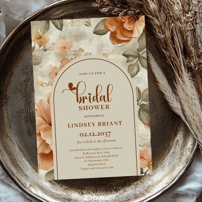 Convites Casamento Rústico Boho Terracota Flores  (Rustic Boho Terracotta Flowers Bridal Shower Invitation)