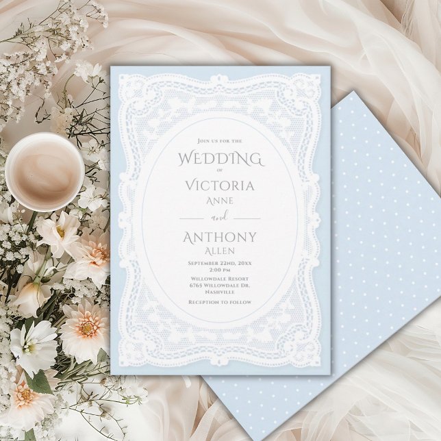 Convites Casamento Rústico Branco Vintage com Renda Azul (Criador carregado)