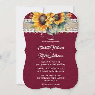 Convites Casamento Rústico Burgundy Burlap Lace Girassol