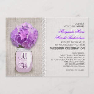 Convites Casamento Rústico Burlap Mason Jar Purple Hydrang