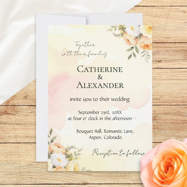 Convites Casamento Rústico Chic com Aquarela Floral (A pretty wedding invitation template with rustic peach, white and yellow roses in a watercolor style)