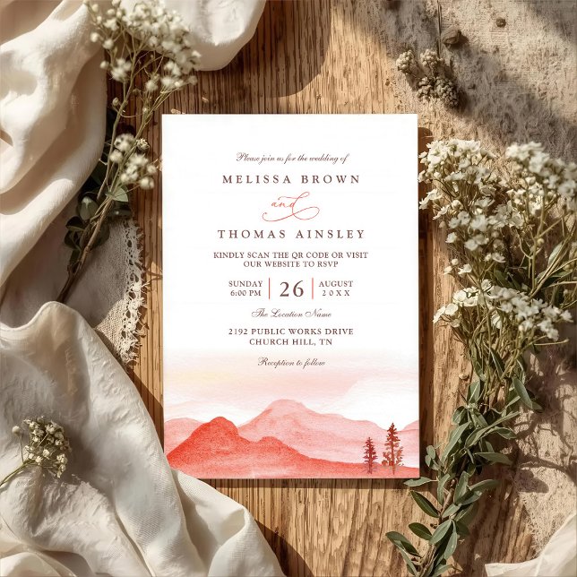 Convites Casamento Rústico Código QR Deserto Montanhas Boho (Criador carregado)