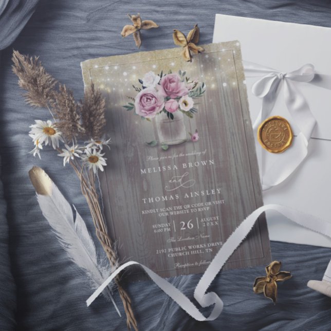 Convites Casamento Rústico Código QR Flor Rosa Empoeirada e (Criador carregado)