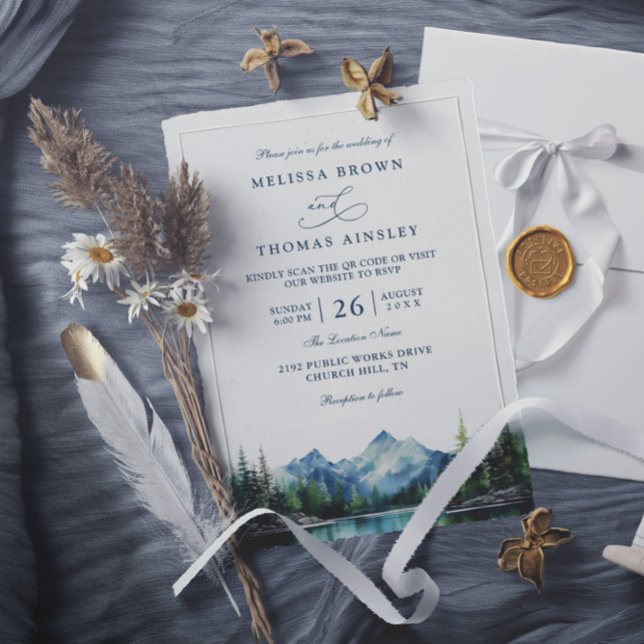 Convites Casamento Rústico Código QR Floresta Montanha Lago (Criador carregado)
