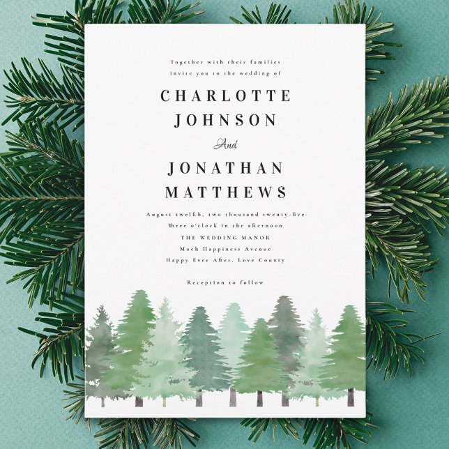 Convites Casamento Rústico com Aquarela na Floresta de Pinh (Modern elegant woodland winter wedding invitation Minimalist watercolor fir tree forest )