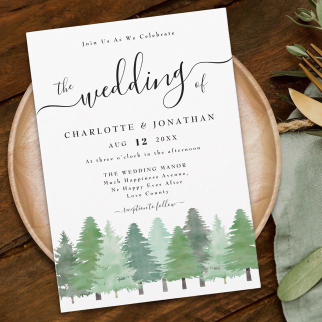Convites Casamento Rústico com Aquarela na Floresta Silvest (Modern watercolor woodland forest wedding invitation elegant script)