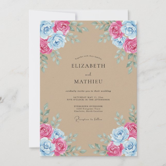 Convites Casamento Rústico com Aquarela Rosa Azul (Frente)